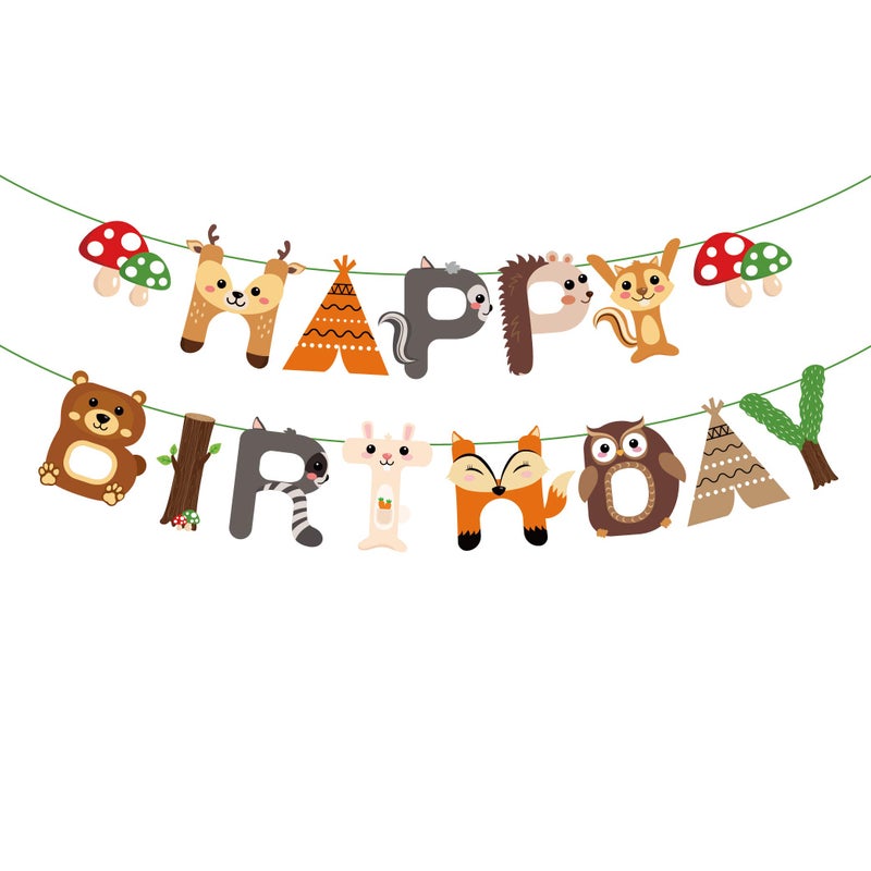 CC HOME Woodland Creature Birthday Banner,Woodland Animals Happy Birthday Banner,Forest Friend Animal Banner for Kids,Boys,Baby Shower,Birthday Party Decoration - Image 1